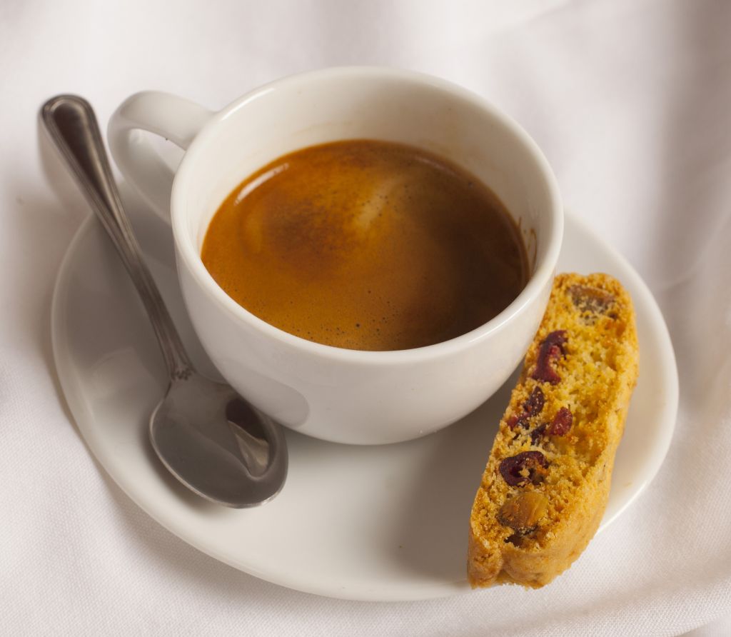Espresso with Cranberry Pistachio Biscotti at Nichole's Fine Pastry