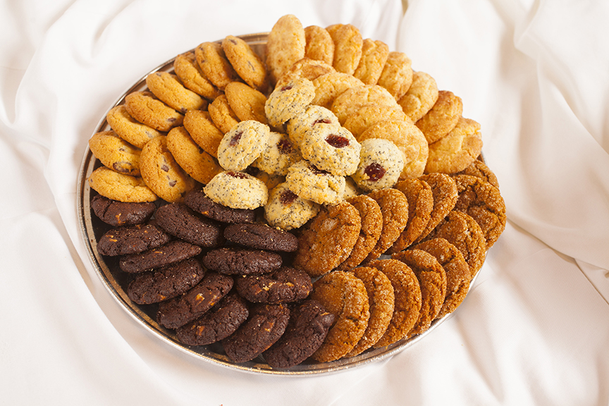 Cookie Tray Featuring Gingersnaps, Chocolate Chip, Snickerdoodles, Chocolate White Chocolate Chip, and Poppyseed Thumbprints at Nichole's Fine Pastry, Fargo, ND
